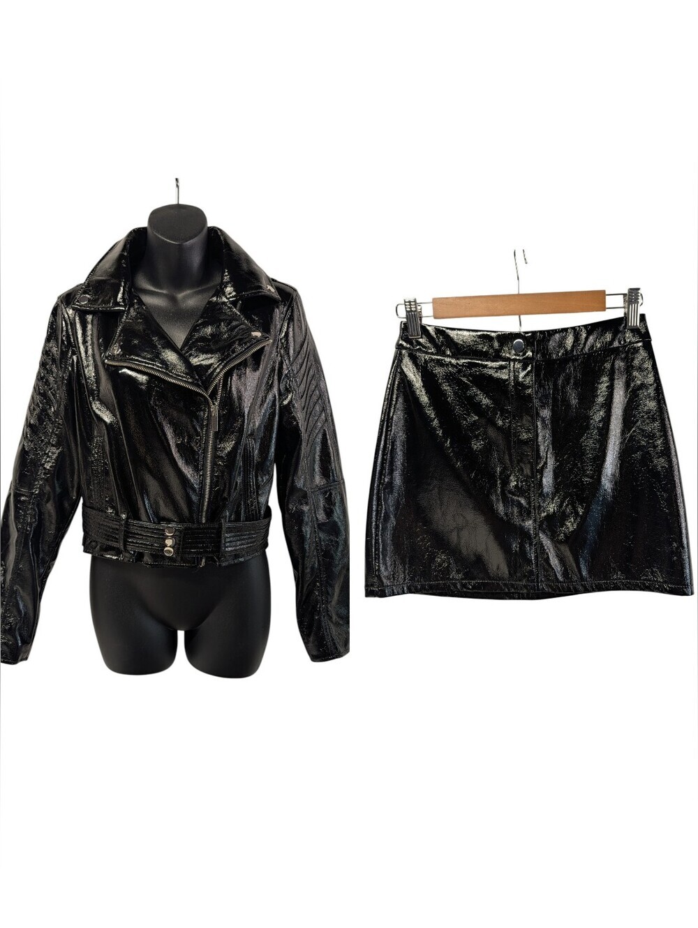 Fashion Nova Black Faux Leather Moto Cropped Jacket + Mini Skirt Set Size S